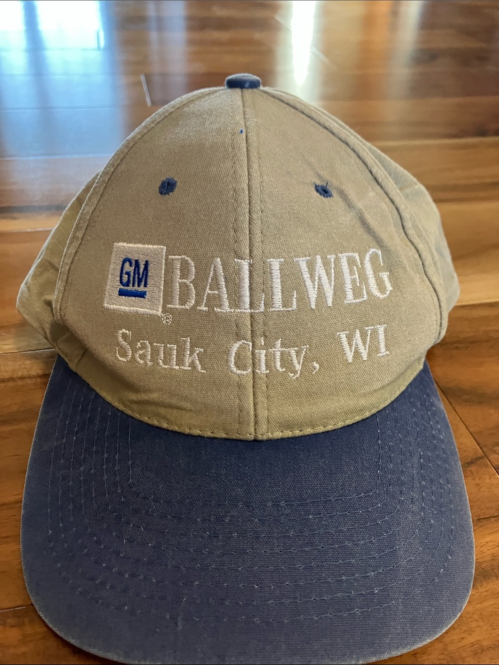 Vintage GM Sauk City Wisconsin strap back hat faded Nissun outdoor summer blue